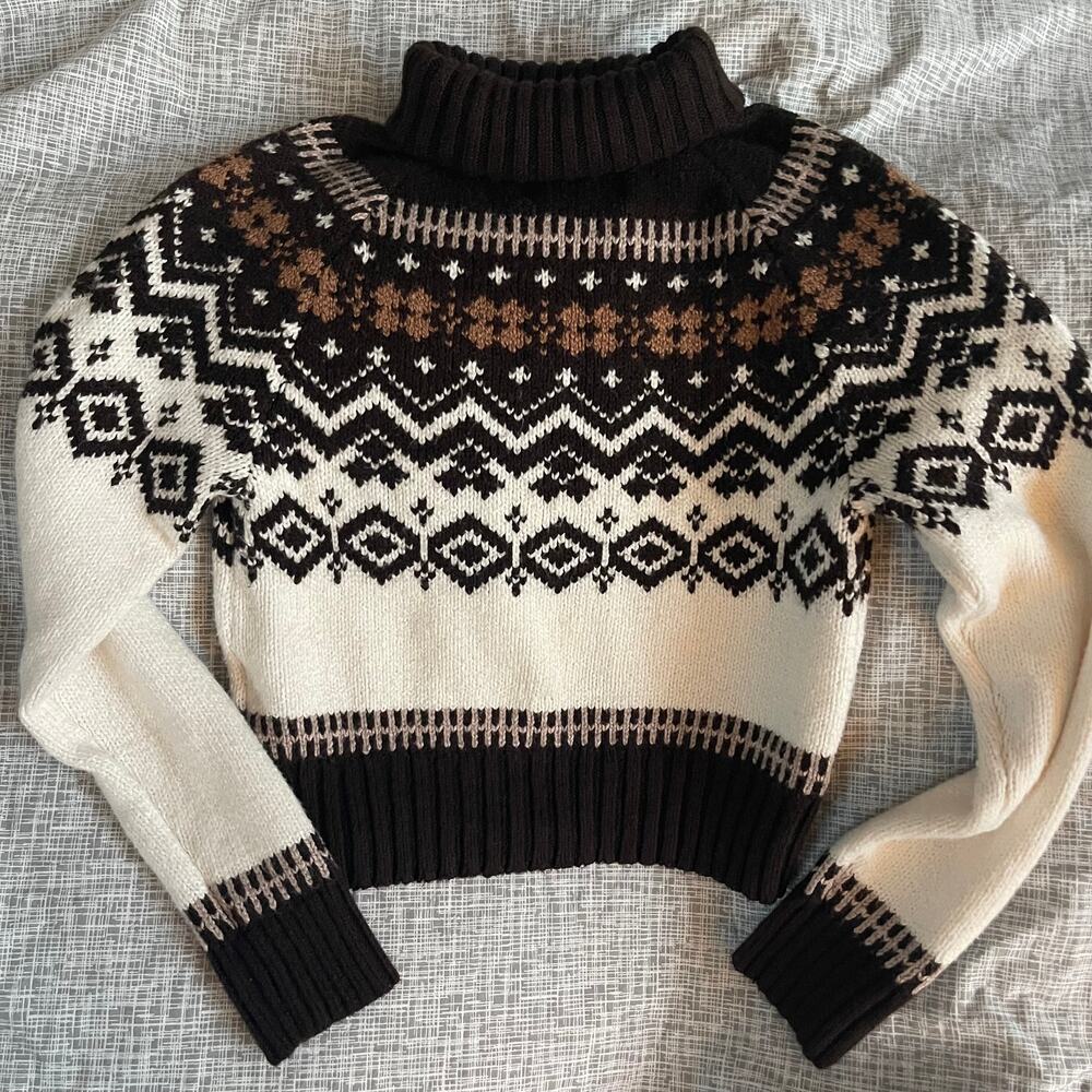 American Eagle Fair Isle Snowdrift Turtleneck Sweater Cropped Knit Size Small